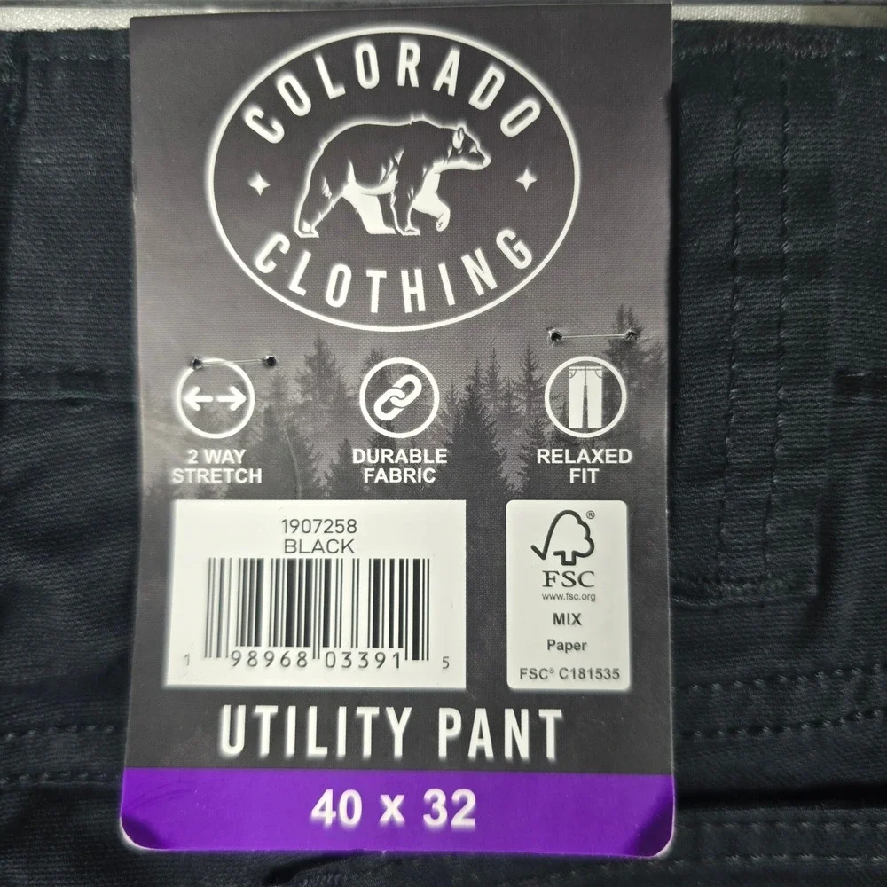 Colorado Clothing Mens Black Utility Pants 40x32 Relaxed Fit Stretch Pockets NWT
